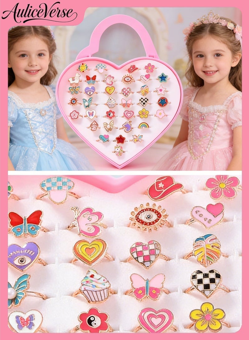AuliceVerse 36 piece set of little girl rings, suitable for dress up games and Ramadan and birthday gifts for girls aged 3 to 12. The size of the ring mouth can be adjusted and is made of safe and environmentally friendly alloy materials - Image 4